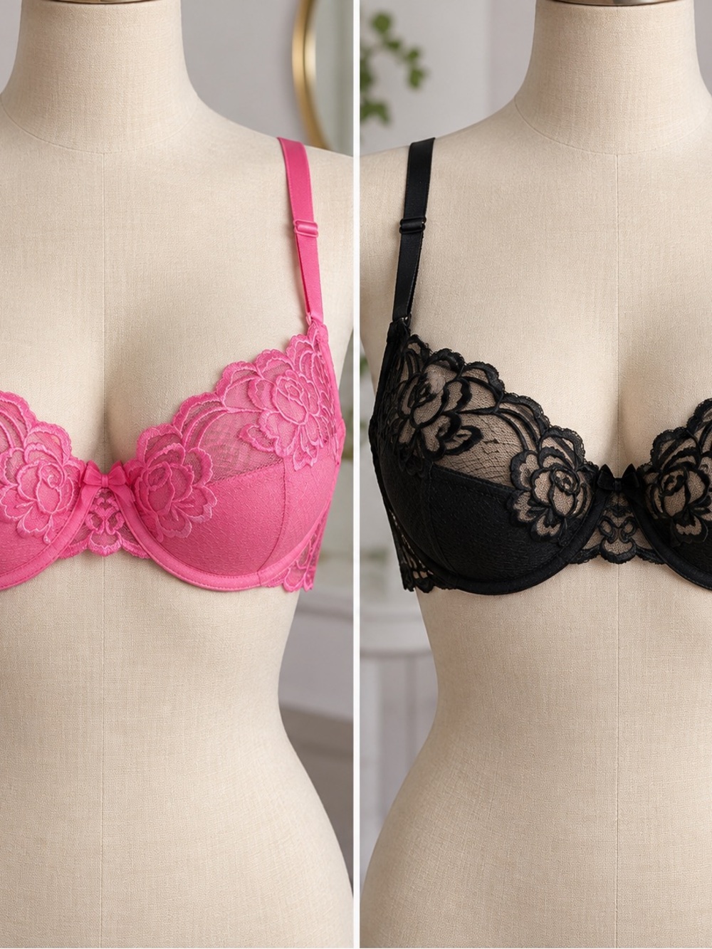 La Senza 2 Pack Bras 38C Black Hot Pink Floral Lace Mesh Underwire Lingerie